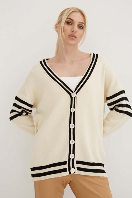 Regular Fit V Yaka Çizgili Triko Bayan Hırka 24K0511K1 EKRU