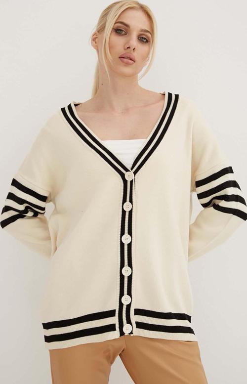 Regular Fit V Yaka Çizgili Triko Bayan Hırka 24K0511K1 EKRU