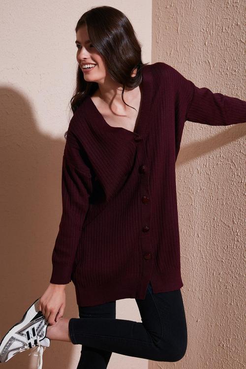 V Yaka Düğmeli Uzun Triko Bayan Hırka 4616040Y BORDO