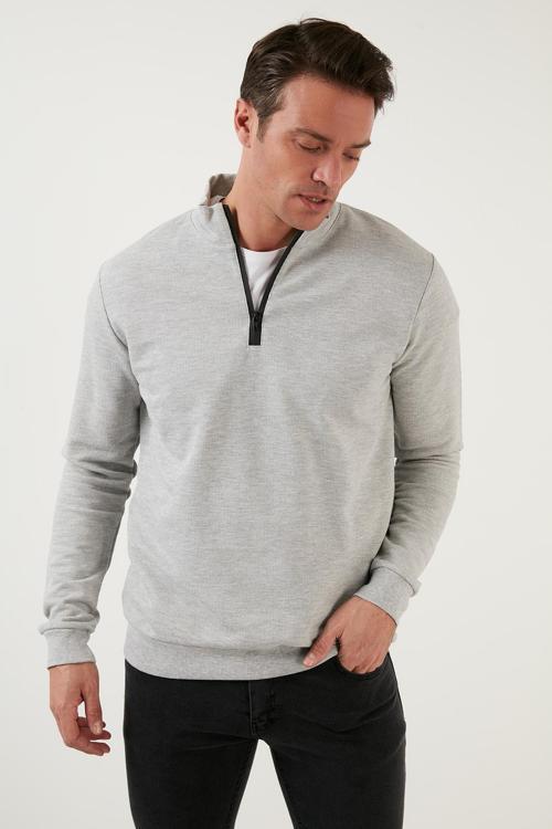 Pamuklu Slim Fit Yarım Fermuarlı Dik Yaka Erkek Sweat 5905400 GRİ MELANJ