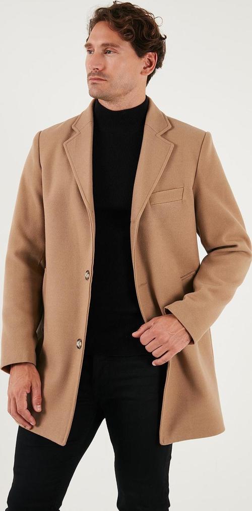 Slim Fit Tek Yırtmaçlı Düğmeli Mono Yaka Kaşe Erkek Kaban 5840098 CAMEL