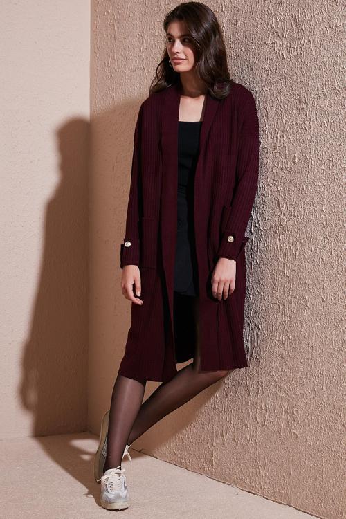 % 100 Akrilik Triko Örme Uzun Bayan Hırka 4615212 BORDO