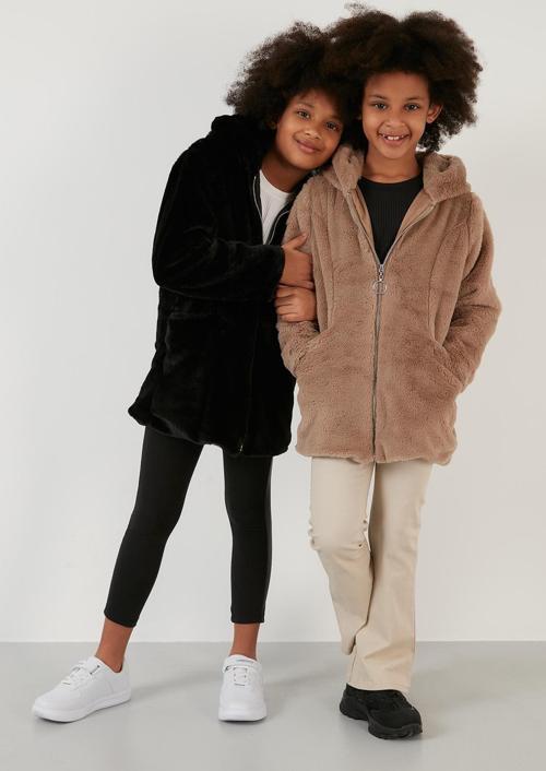 İçi Astarlı Kapüşonlu Cepli Suni Kürk Kız Çocuk Kaban 2497LINA SİYAH