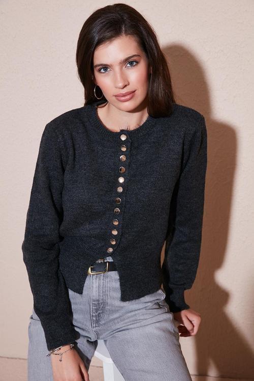 Premium Comfort Fit Yuvarlak Yaka Crop Triko Bayan Hırka 680HI00164 ANTRASİT