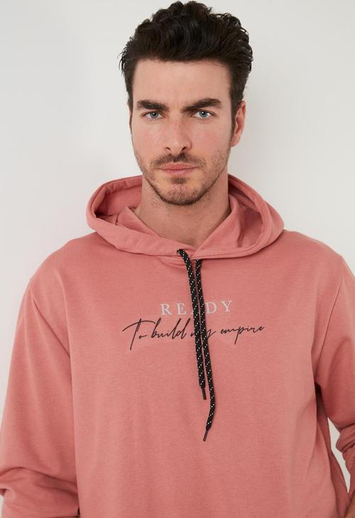 Slim Fit Baskılı Kapüşonlu Kanguru Cepli Pamuklu Erkek Sweat 5414020 GÜL