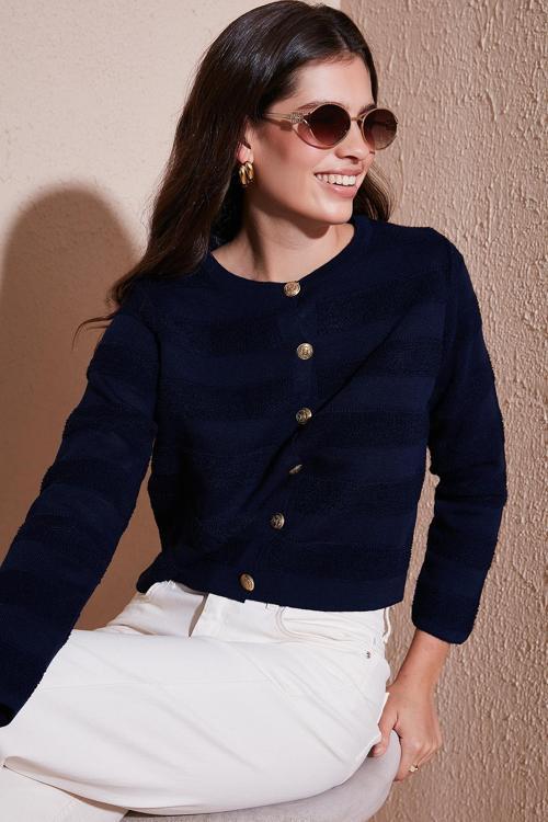 Premium Regular Fit Bisiklet Yaka Düğmeli Dokulu Triko Bayan Hırka 680HI00337 LACİVERT