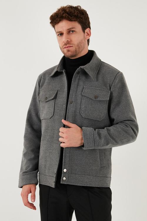 Slim Fit Ceket Yaka Astarlı Kaşe Erkek Kaban 58400347 AÇIK GRİ