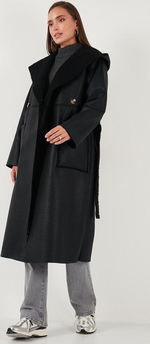 Çift Taraflı Kapüşonlu Oversize Uzun Bayan Kaban 6810295 SİYAH