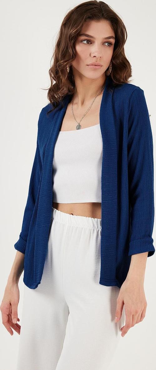 Yakası ve Kolu Katlı Gofre Kimono Bayan Hırka 5869014 İNDİGO