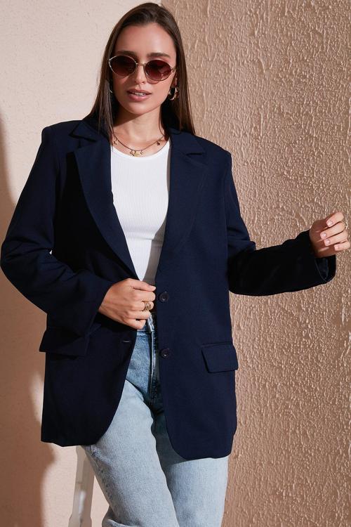 Relaxed Fit Mono Yaka Cepli Blazer Bayan Ceket 611BC00132 LACİVERT