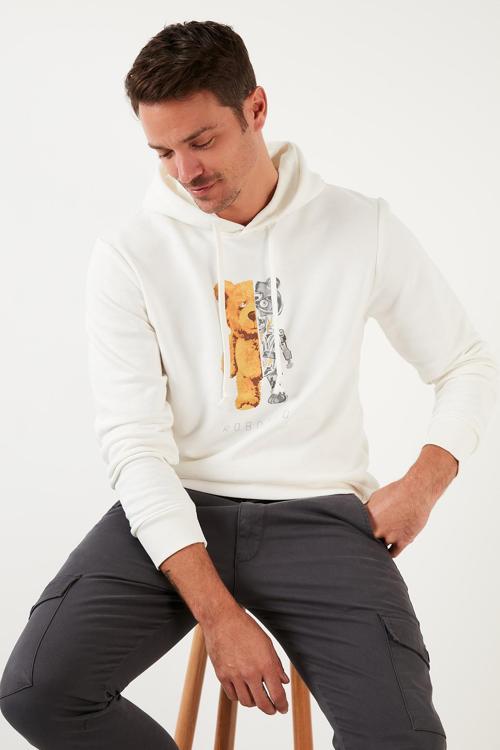Baskı Detaylı Pamuklu Kapüşonlu Slim Fit Erkek Sweat 5905236 EKRU