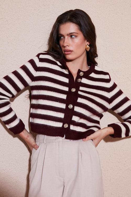 Çizgili Oversize Fit Bisiklet Yaka Düğmeli Crop Triko Bayan Hırka 4615567 BORDO