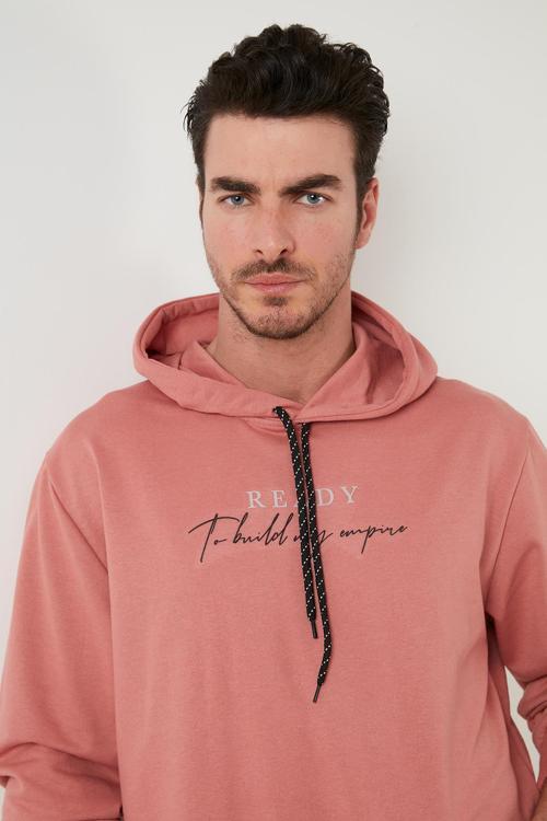 Slim Fit Baskılı Kapüşonlu Kanguru Cepli Pamuklu Erkek Sweat 5414020 GÜL