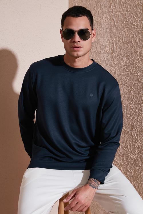 Regular Fit Bisiklet Yaka Uzun Kollu Erkek Sweat 5901066 LACİVERT