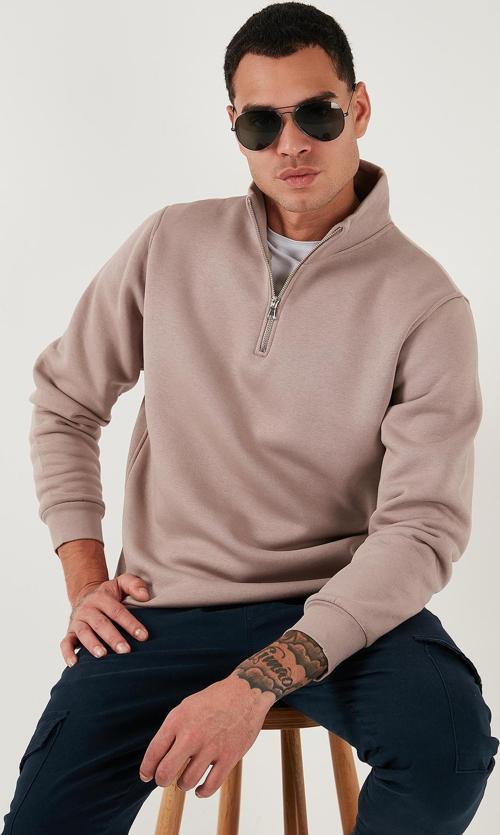 Pamuklu Regular Fit Yarım Fermuarlı Dik Yaka Erkek Sweat 59052592 GÜL