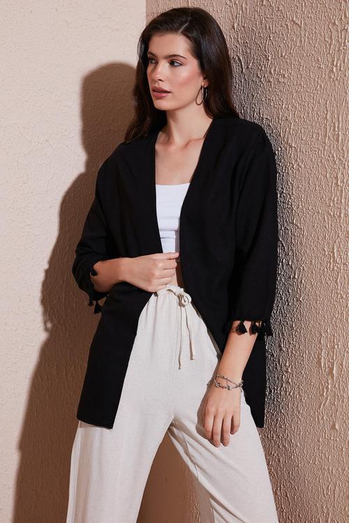 Pamuk ve Keten Karışımlı Püskül Detaylı Regular Fit Uzun Kimono Bayan Hırka 5869015 SİYAH