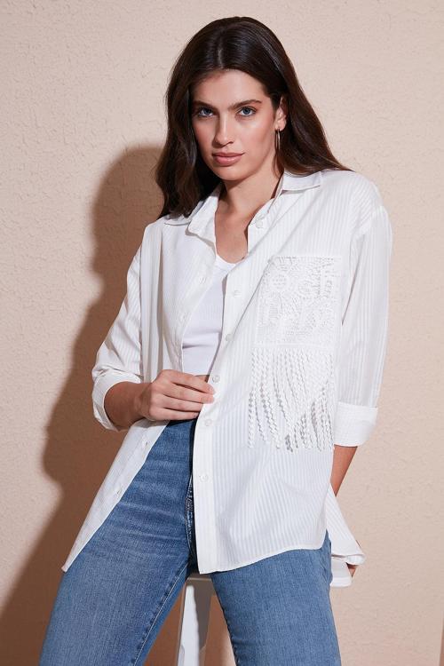 Regular Fit Güpürlü Cep Detaylı Uzun Kollu Bayan Gömlek 6773215 BEYAZ