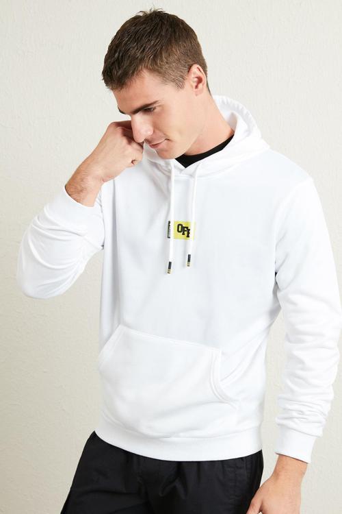 Slim Fit Kanguru Cepli Kapüşonlu Şardonlu Kışlık Erkek Sweat 5896589 BEYAZ