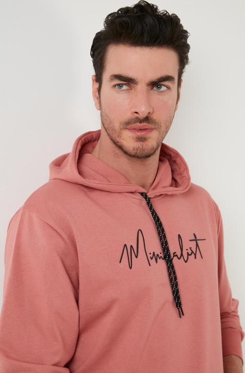 Slim Fit Baskılı Kapüşonlu Kanguru Cepli Pamuklu Erkek Sweat 5414019 GÜL