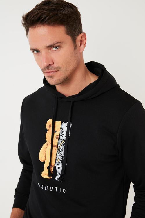 Baskı Detaylı Pamuklu Kapüşonlu Slim Fit Erkek Sweat 5905236 SİYAH