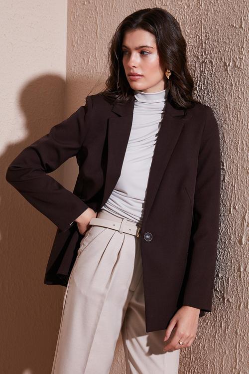 Standart Fit Mono Yaka Desenli Astar Detaylı Blazer Bayan Ceket 6524003 KAHVE