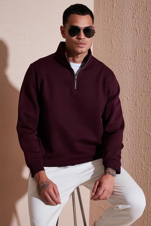 Pamuklu Regular Fit Yarım Fermuarlı Dik Yaka Erkek Sweat 59052592 VİŞNE