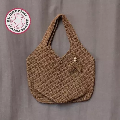 - Emine 9106 - 5065 El Örgüsü Ahşap Boncuk Detaylı Omuz Çantası - Açık Kahve