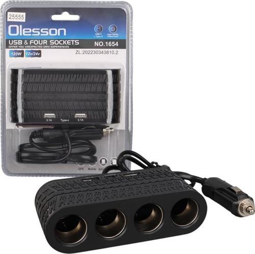 Olesson 1654 12-24V Çift USB - TYPE-C 120W 80cm Kablolu 4'LÜ Araç Çakmak Çoklayıcı