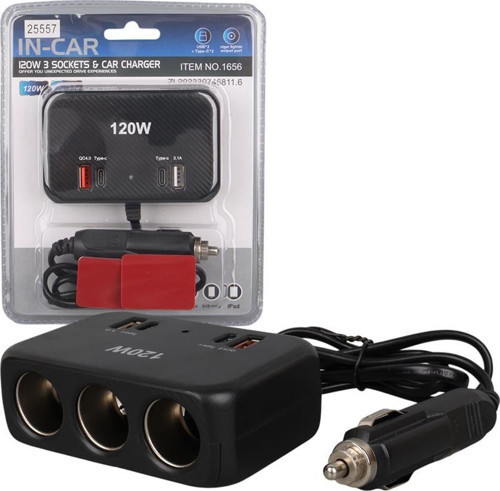 Olesson 1656 12-24V Çift USB + Çift TYPE-C 120W 80cm Kablolu 3'lü Araç Çakmak Çoklayıcı