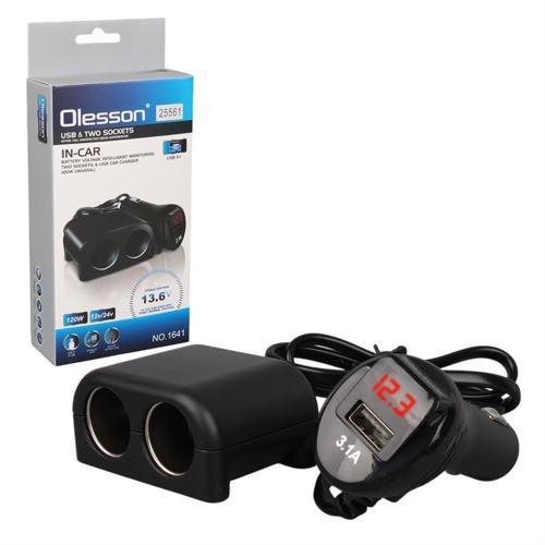 Olesson 1641 12-24V Çiftli Usbli 120W 80Cm Kablolu Dijital Ekranlı Araç Çakmak Çoklayıcı