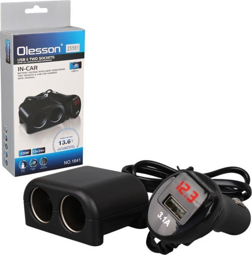 Olesson 1641 12-24V Çiftli Usbli 120W 80Cm Kablolu Dijital Ekranlı Araç Çakmak Çoklayıcı