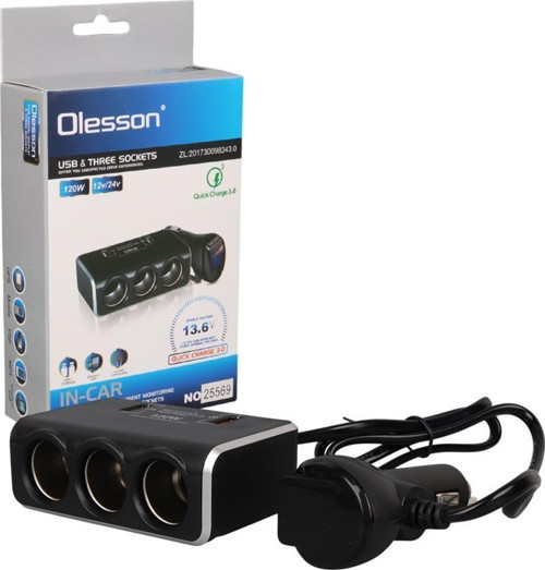 Olesson 1639 12-24V 3Lü Çift Usbli 120W 80Cm Kablolu Dijital Ekranlı Araç Çakmak Çoklayıcı