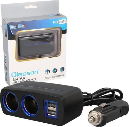 Olesson 1638 12-24V Çift USB Girişli 120W 80 CM Kablolu 2'LI Araç Çakmak Çoklayıcı