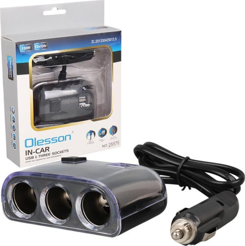 Olesson 1505 12-24V Çift USB Girişli 120W 80cm Kablolu 3'LÜ Araç Çakmak Çoklayıcı