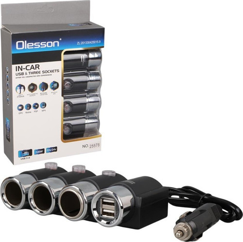 Olesson 1508 12-24V Çift USB Girişli 120W 80cm Kablolu 3'lü Araç Çakmak Çoklayıcı