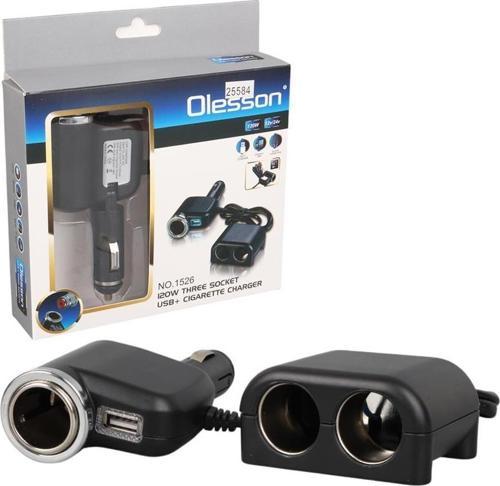 Olesson 1526 12-24V Tek USB Girişli 120W 80 CM Kablolu 3'LÜ Araç Çakmak Çoklayıcı