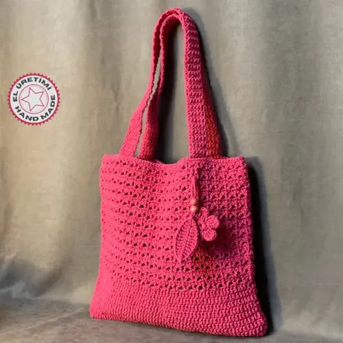 - Emine 9106 El Örgüsü Çiçek - Yaprak Figürlü Kol Çantası - Pembe