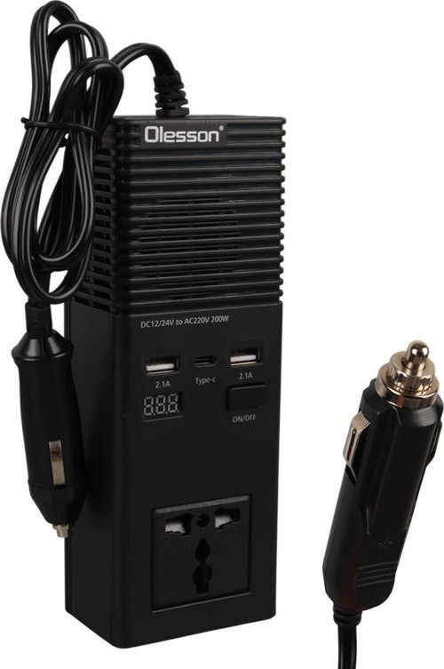 Olesson 1665 DC 12-24V 200W Oto Araç Power İnverter Ek Çakmak Girişi - TYPE-C - Çift USB - 220V Üniversal Priz