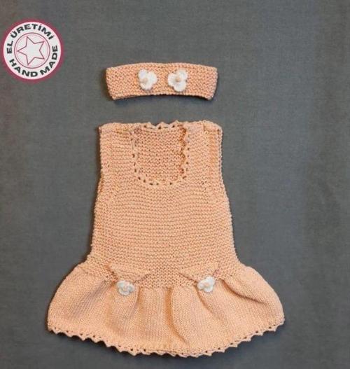 - Talia 8659 1005 El Örgüsü Koton İp Kız Çocuk Elbise - Bandana Takım - 1 Yaş / Gülkurusu