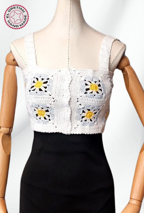 - Yıldız 7202 3650 El Örgüsü Yazlık Beyaz Kadın Büstiyer / Crop Bluz - 36/38/40 - Açık Mavi