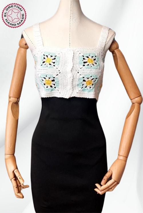 - Yıldız 7202 4612 El Örgüsü Yazlık Beyaz Kadın Büstiyer / Crop Bluz - 36/38/40 - Turkuaz