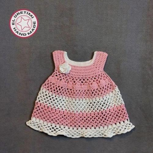 - Talia 8659 1429 El Örgüsü Koton İp Kız Çocuk Elbise - 1 Yaş / Pembe - Beyaz