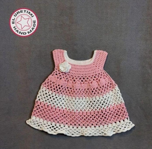 - Talia 8659 1429 El Örgüsü Koton İp Kız Çocuk Elbise - 1 Yaş / Pembe - Beyaz
