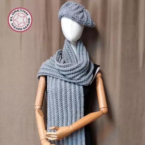 - Emine 9106 4137 El Örgüsü Bere Ve Kaşkol Takımı - Gri