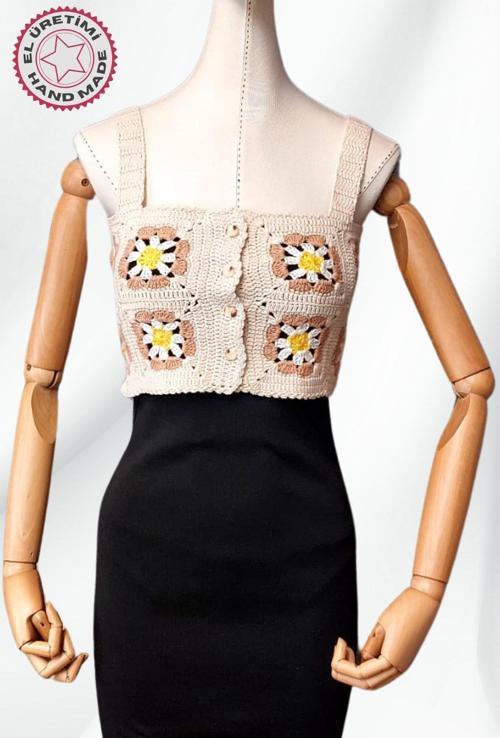 - Yıldız 7202 9514 El Örgüsü Yazlık Beyaz Kadın Büstiyer / Crop Bluz - 36/38/40 - Bej