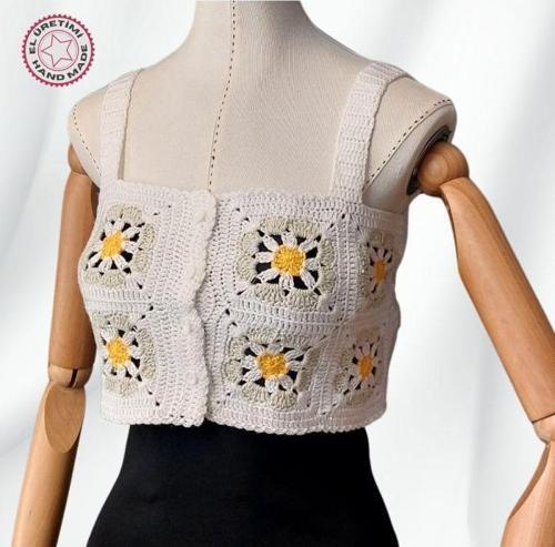 - Yıldız 7202 4745 El Örgüsü Yazlık Beyaz Kadın Büstiyer / Crop Bluz - 36/38/40 - Açık Yeşil