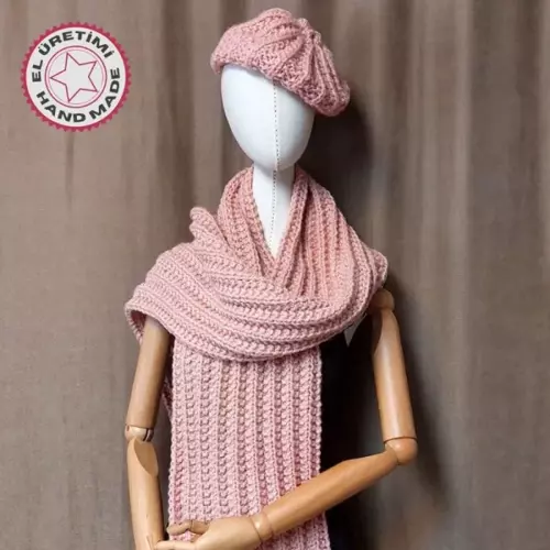 - Emine 9106 8508 El Örgüsü Bere Ve Kaşkol Takımı - Pembe