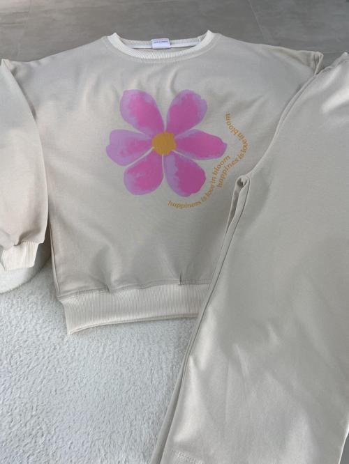 Kız Çocuk Sweatshirt & Pantolon Takımı – Çiçek Baskılı, Krem