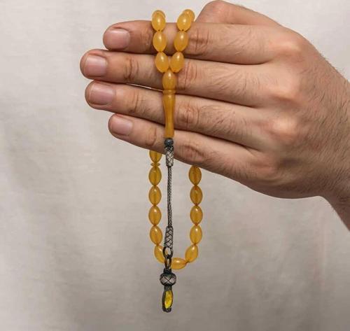 Gümüş 1000 Ayar Kazaz Püsküllü Sıkma Kehribar Tesbih