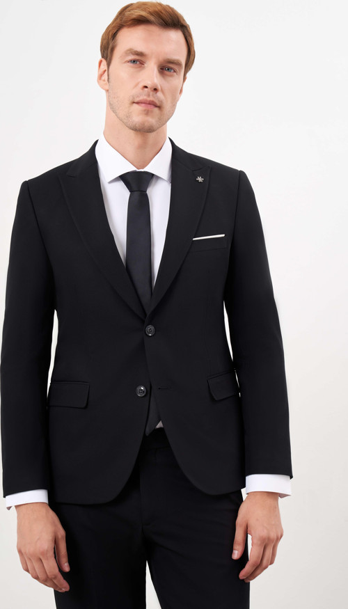 Erkek Siyah Basic Düz Slim Fit 3'lü Takım Elbise Slim Fit Gömlek Düz Kravat